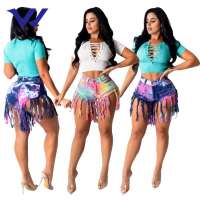 Fringed brushed tie-dye imitation denim shorts women's jeans casual pants  Fashion women shorts